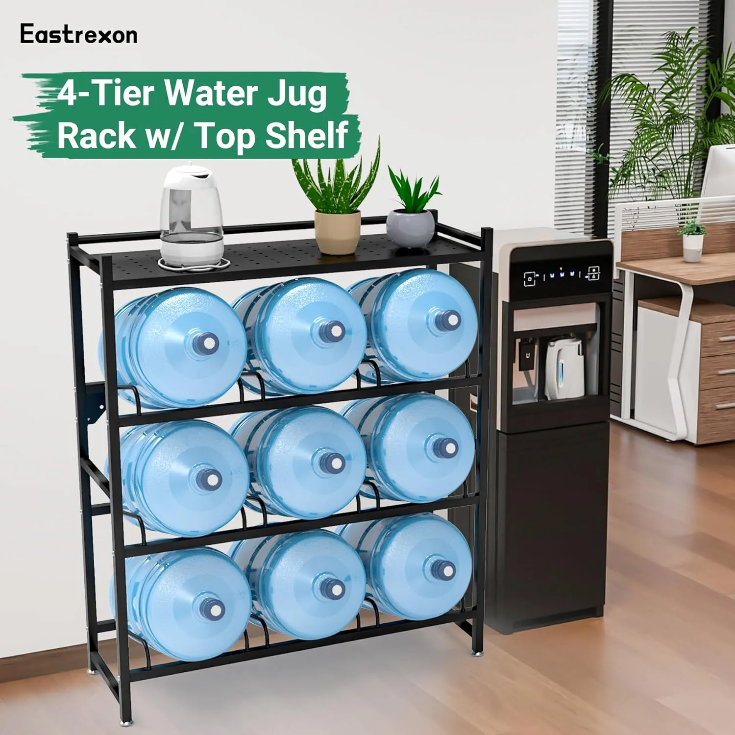 5 Gallon Water Jug Holder Heavy Duty，4-Tier Water Jug Rack w/Top Shelf, Wall Mount Water Bottle Holder for 9 Bottles, Powder Coated Water Rack Stand for Home, Office, Restaurant, Gym.