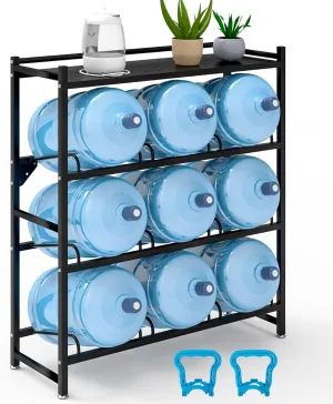 5 Gallon Water Jug Holder Heavy Duty，4-Tier Water Jug Rack w/Top Shelf, Wall Mount Water Bottle Holder for 9 Bottles, Powder Coated Water Rack Stand for Home, Office, Restaurant, Gym.