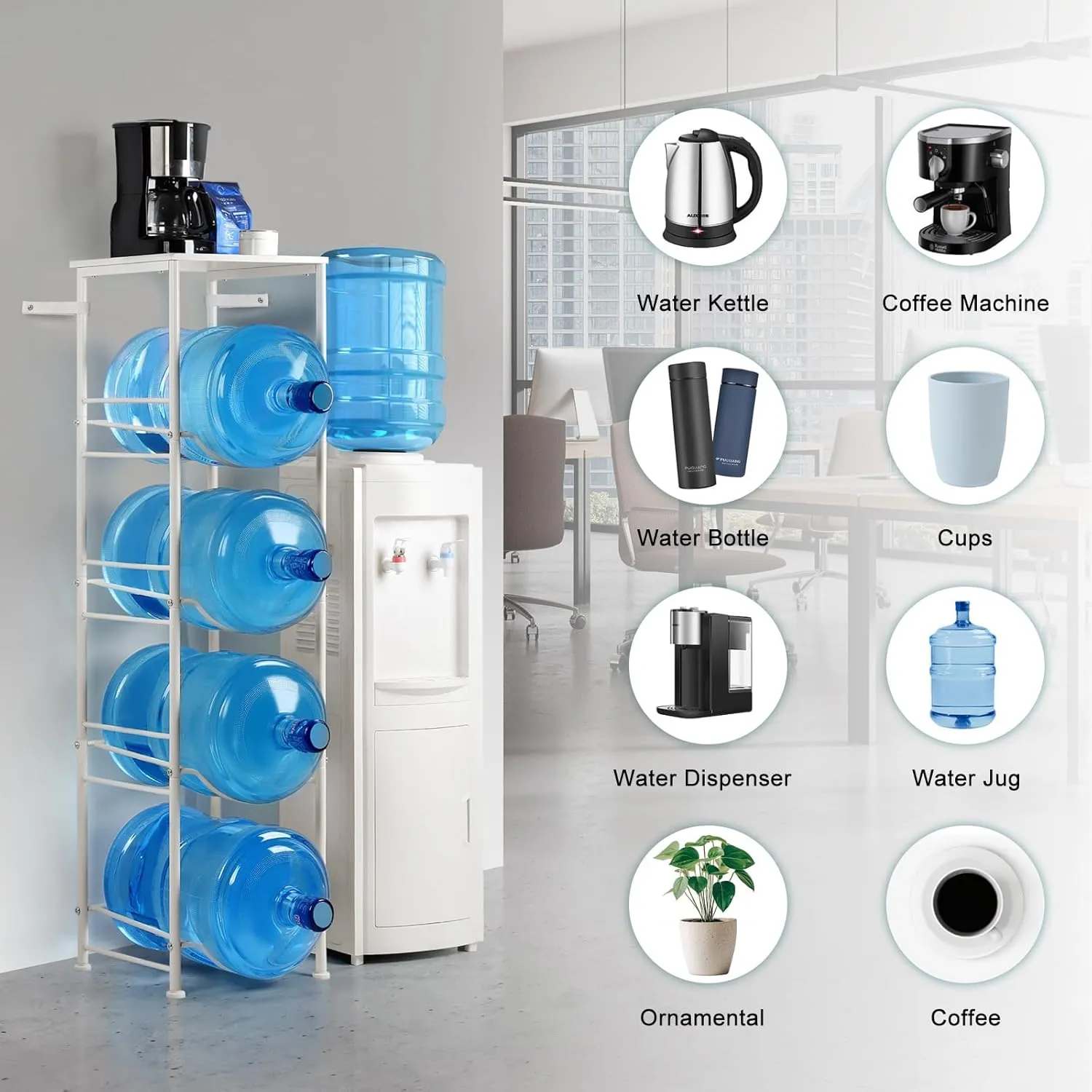 5 Gallon Water Jug Holder Stand 4 Tier Water Bottle Dispenser Stand Holder with Shelf 5 Gal Water Jug Storage Rack for Kitchen Living Room Home Office, Pale White