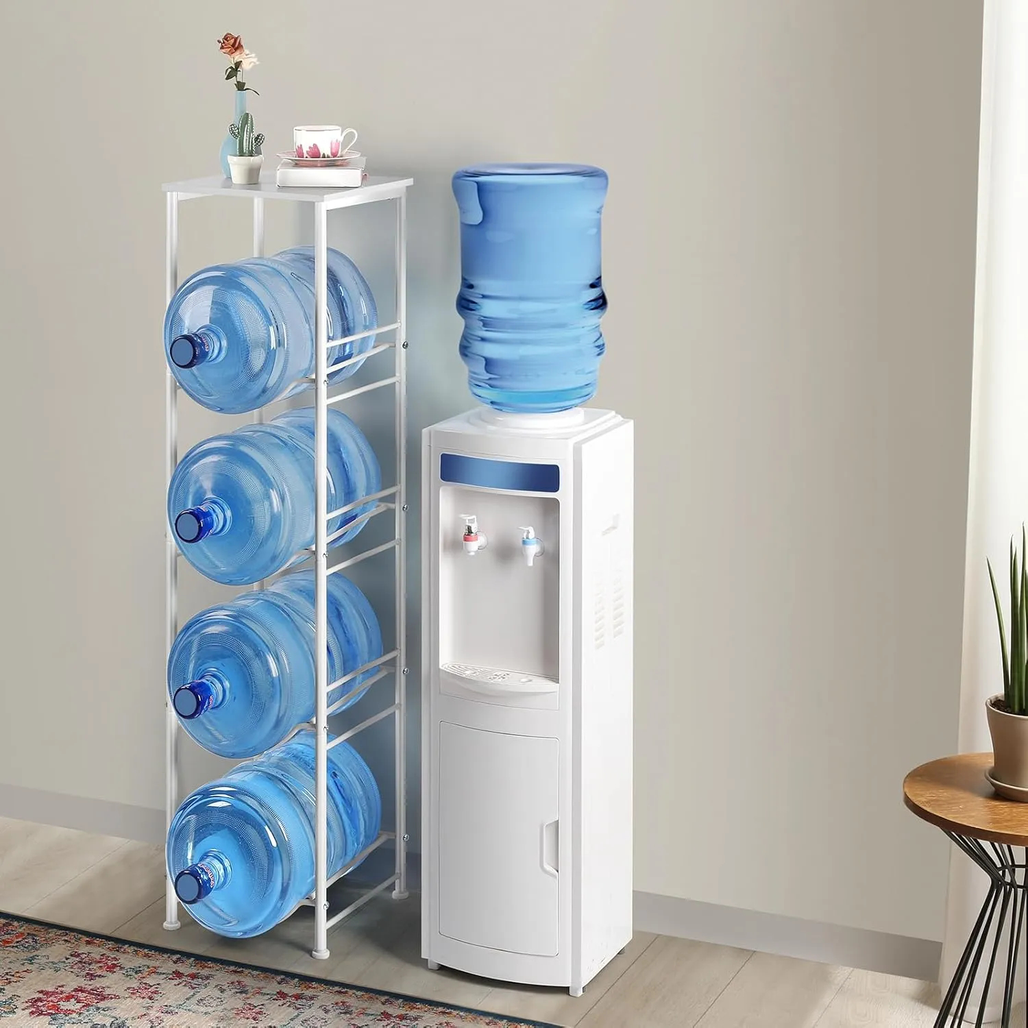 5 Gallon Water Jug Holder Stand 4 Tier Water Bottle Dispenser Stand Holder with Shelf 5 Gal Water Jug Storage Rack for Kitchen Living Room Home Office, Pale White