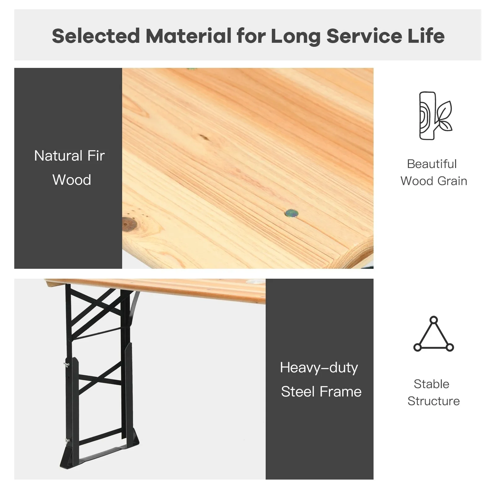 66.5 Inch Outdoor Wood Folding Picnic Table with Adjustable Heights
