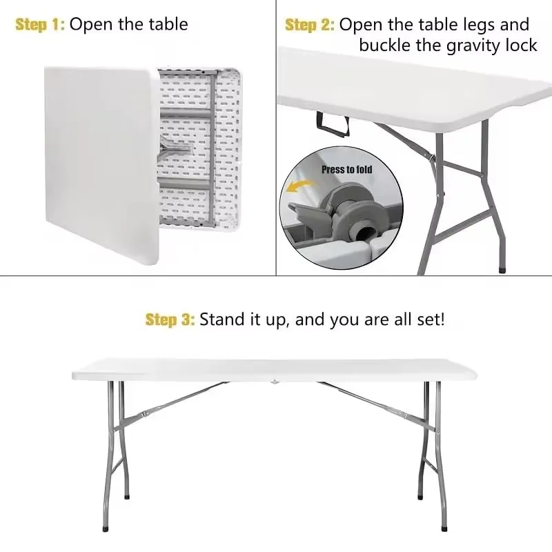 6ft Heavy Duty Folding Table with Handle Portable Plastic Foldable Table for Indoor/Outdoor Events, Camping, Parties, and More – Sturdy Steel Legs, Compact & Easy to Store