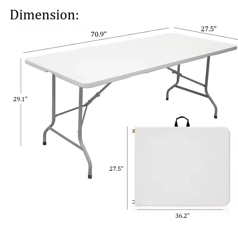 6ft Heavy Duty Folding Table with Handle Portable Plastic Foldable Table for Indoor/Outdoor Events, Camping, Parties, and More – Sturdy Steel Legs, Compact & Easy to Store