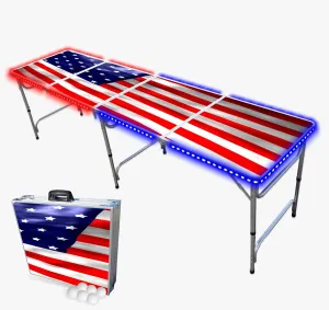 8-Foot Folding Pong Table - Choose Table Options (Base, Cup Holes, LED Lights, or Cup Holes & LED Lights) - America Edition