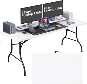 8FT Folding Table Plastic Folding Table Indoor & Outdoor for Picnic, Camping, BBQ and Party, Reinforced Steel Frame, Easy to Carry, White
