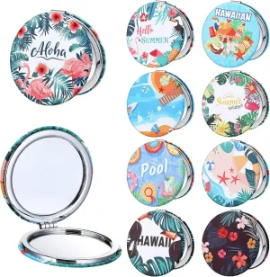 9 Pcs Hawaiian Compact Mirrors Bulk Summer Beach Pocket Mirror for Women Girls 1x 2X Magnifying Makeup Mirrors Tropical Portable Travel Makeup Mirror for Handbag Pocket Wallet