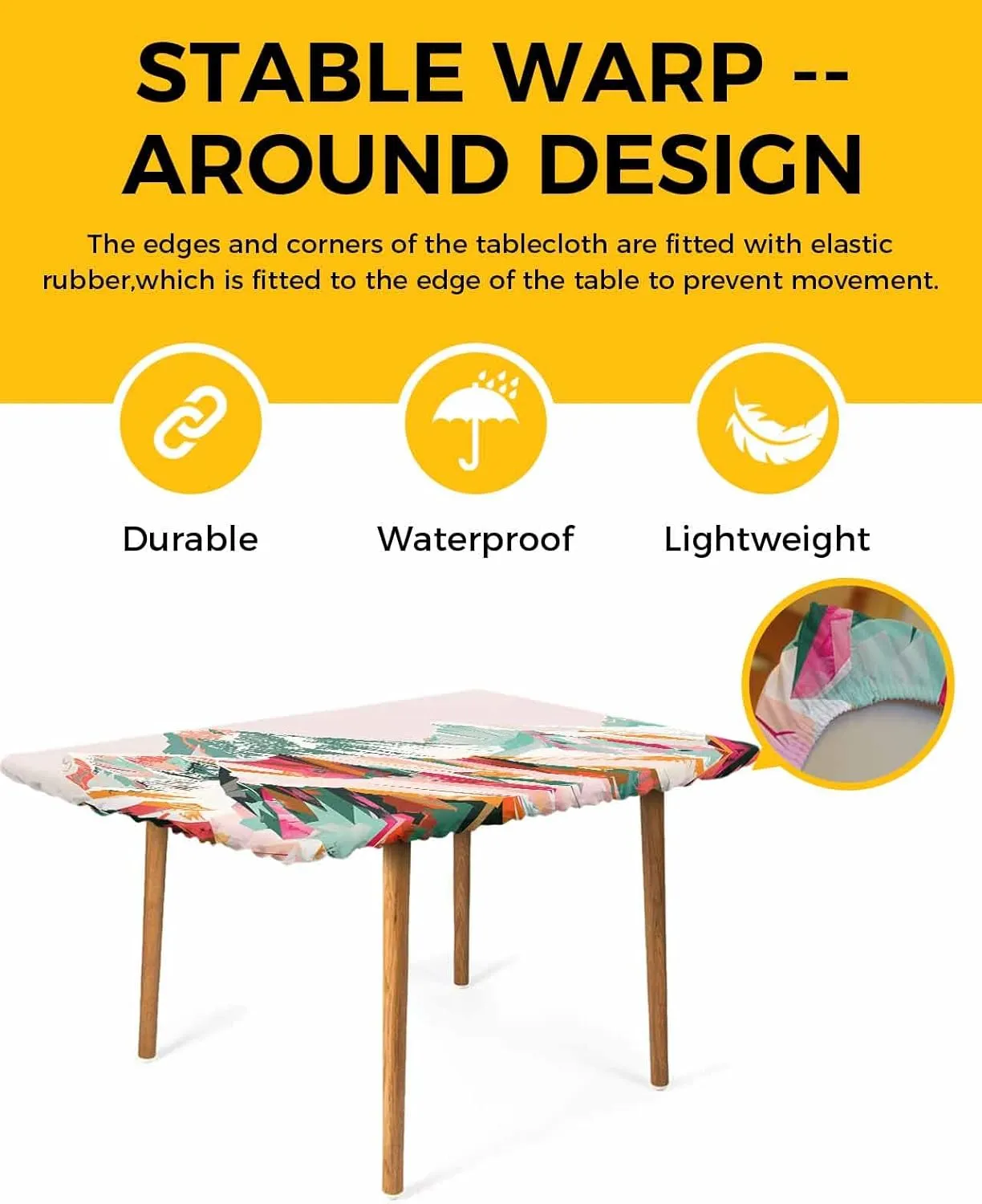 Abstract Mountains Tablecloth Fitted Table Cover for 3ft Tables - Waterproof Wipeable Elastic Table Cloth for Outdoor Picnic Camping Dining Party, Yellow Green Navy Blue Painting Art 24"x36"