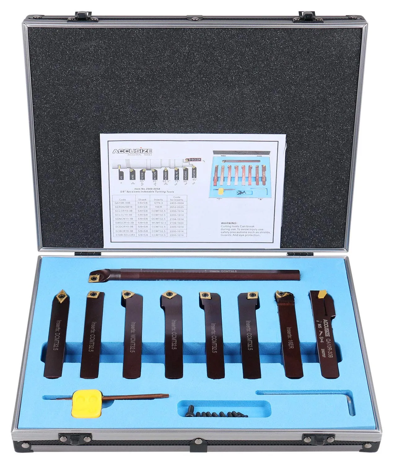 Accusize Industrial Tools 5/8" 9 Pieces/Set, Indexable Carbide Turning Tools and Boring Bar, 2988-0058