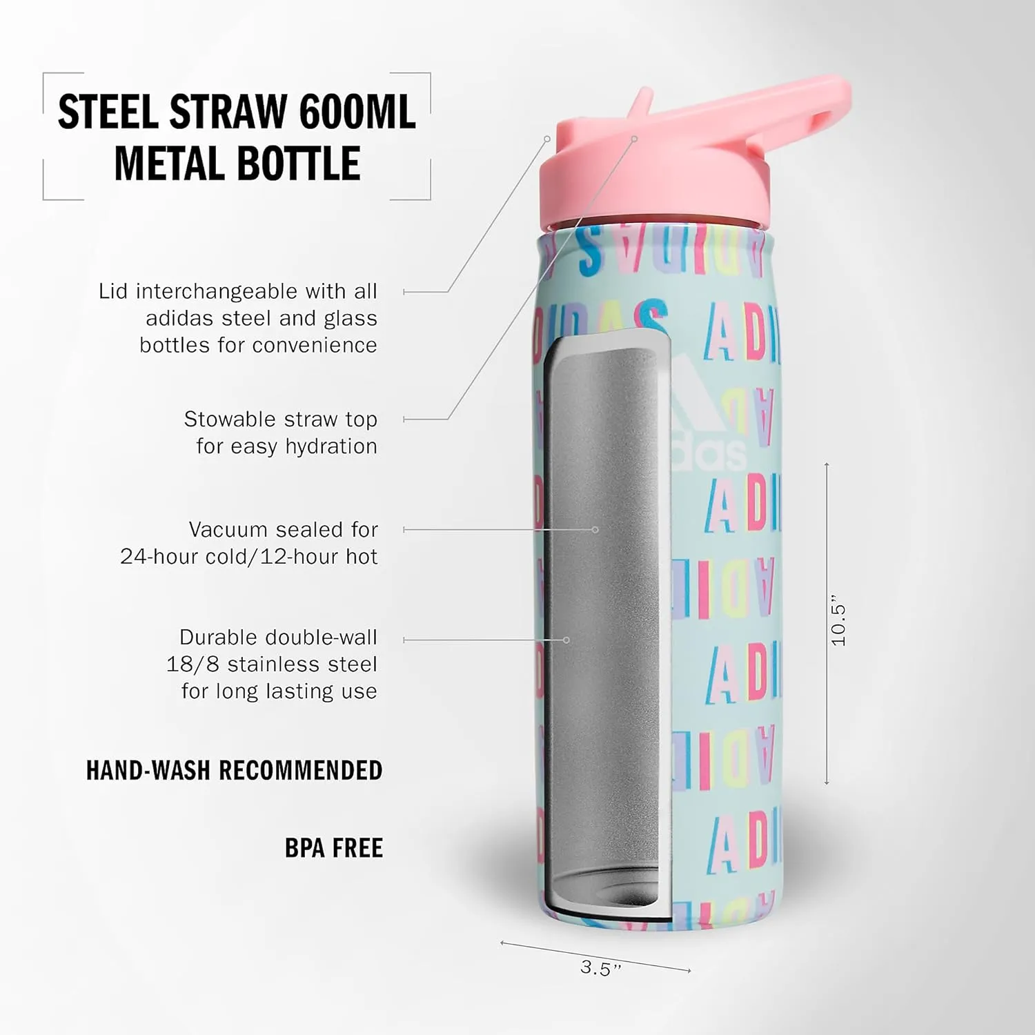 adidas 600 ML (20 oz) Straw Top Metal Water Bottle, Hot/Cold Double-Walled Insulated 18/8 Stainless Steel