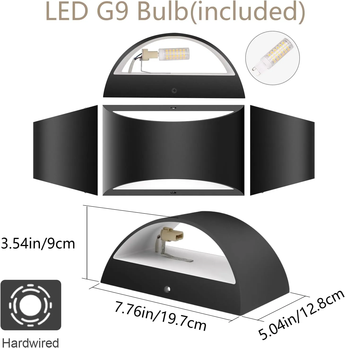 Aipsun Black Modern LED Wall Sconce Hardwired Indoor Wall Lights Set of 2 Up and Down Wall Mount Light for Living Room Bedroom Hallway Corridor Conservatory Warm White 3000K(with G9 Bulbs)
