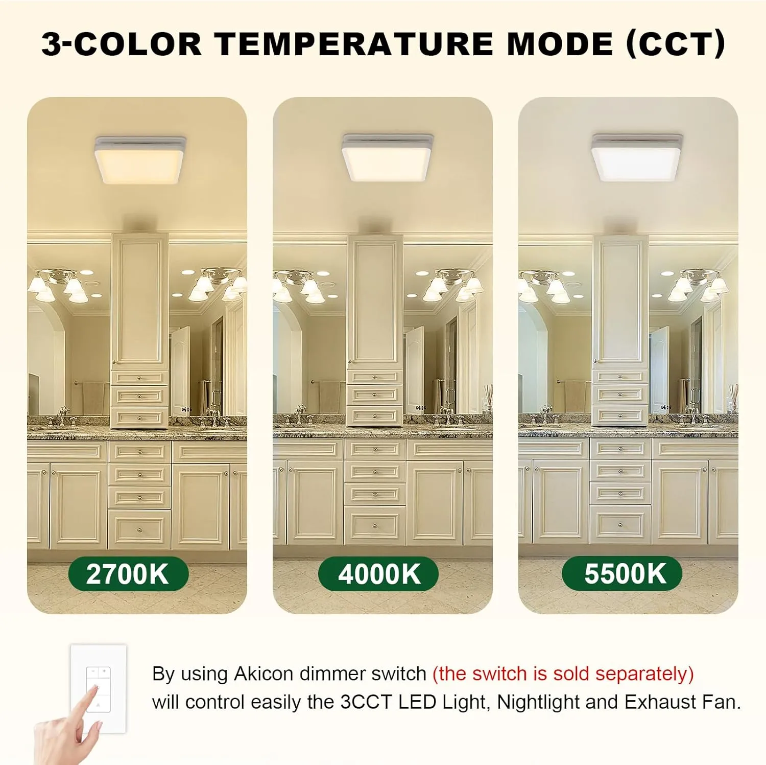 Akicon Bathroom Exhaust Fan with Light, 80CFM 2.0 Sones Exhaust Fan for Bathroom Ceiling, 15W Dimmable 3CCT LED Shower Lights & 3.5W Nightlight Vent Fan for Home, Square, White
