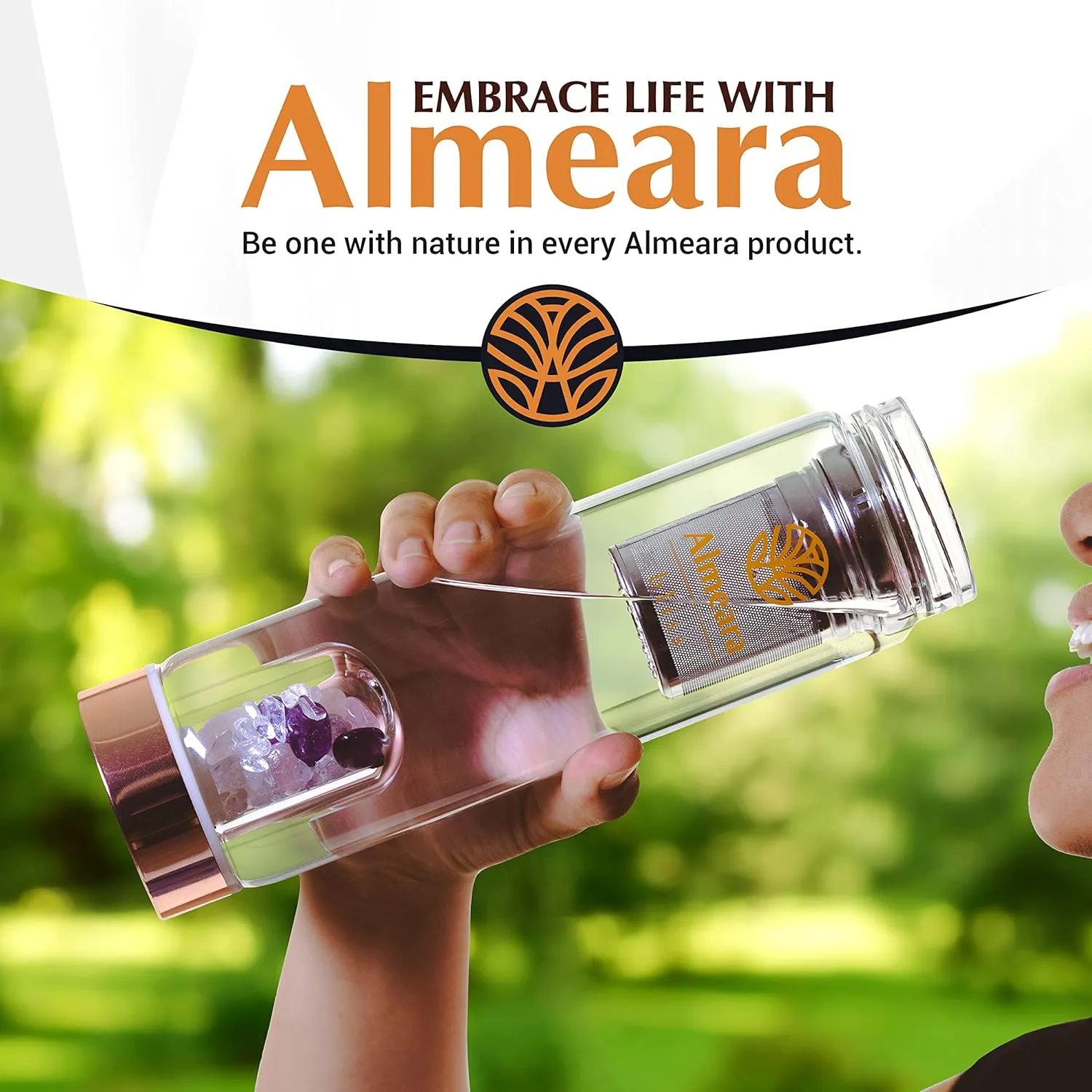 Almeara Crystal Water Bottle | Amethyst, Rose Quartz & Clear Quartz Crystals | Authentic Gemstones – Loose Leaf Tea infuser – Gem Elixir Infused Tempered Glass Water Bottle - Gift ready box - 16.9 oz