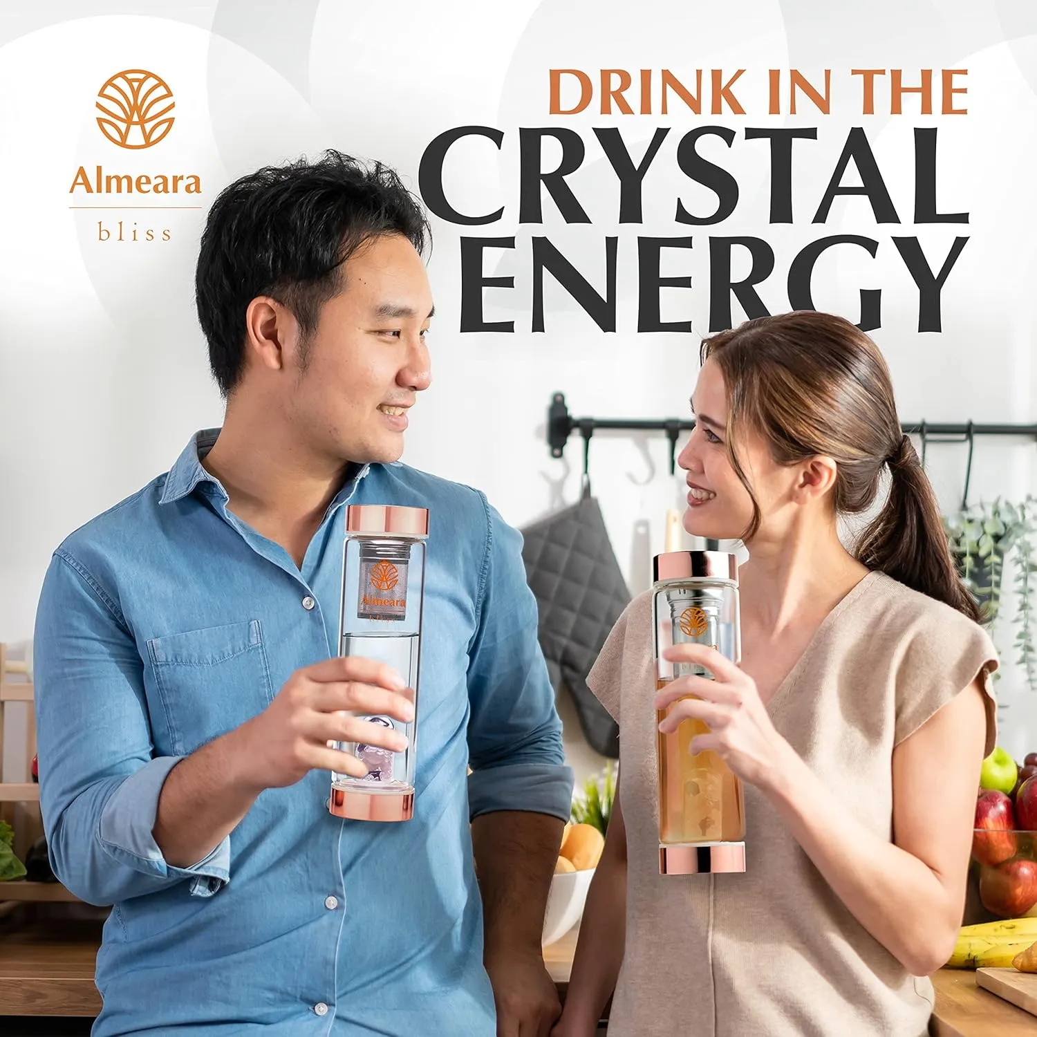Almeara Crystal Water Bottle | Amethyst, Rose Quartz & Clear Quartz Crystals | Authentic Gemstones – Loose Leaf Tea infuser – Gem Elixir Infused Tempered Glass Water Bottle - Gift ready box - 16.9 oz