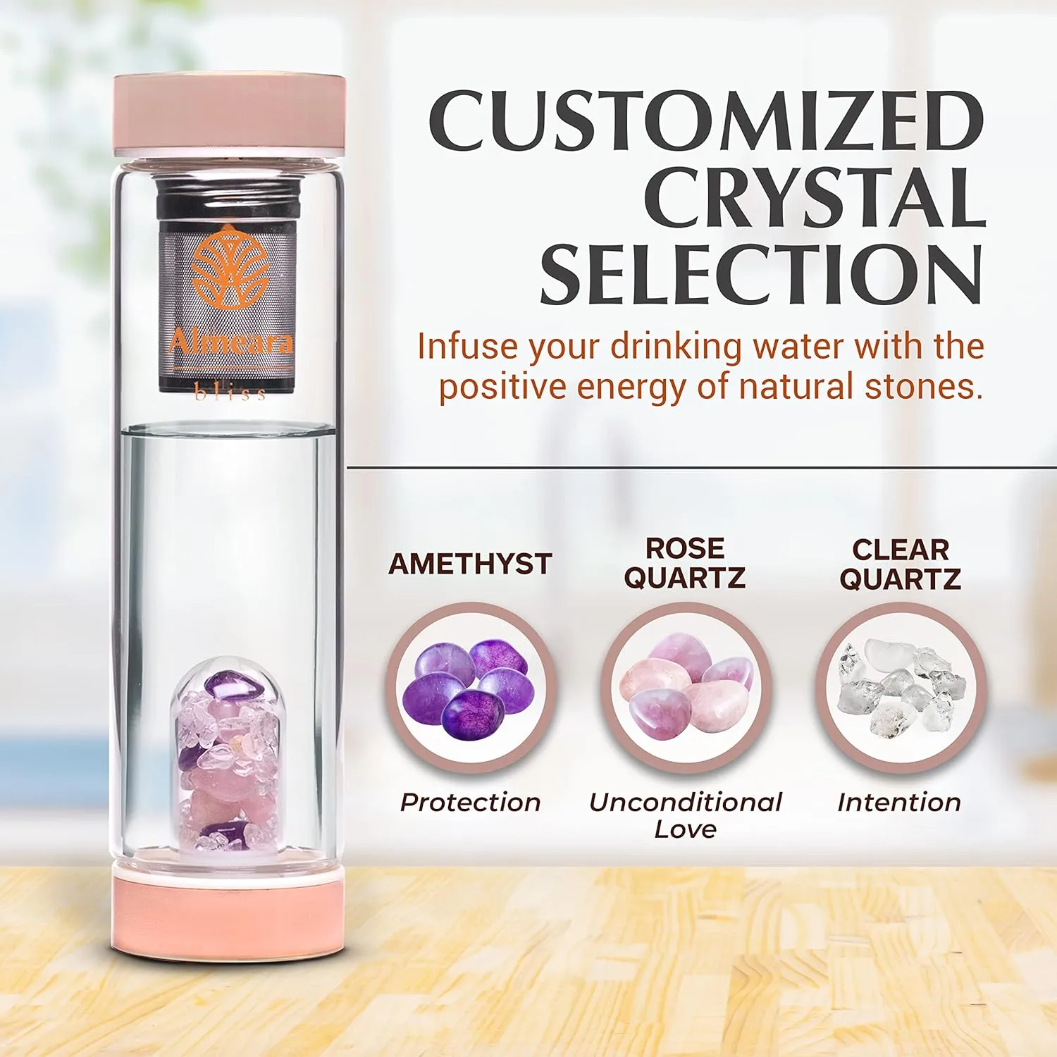 Almeara Crystal Water Bottle | Amethyst, Rose Quartz & Clear Quartz Crystals | Authentic Gemstones – Loose Leaf Tea infuser – Gem Elixir Infused Tempered Glass Water Bottle - Gift ready box - 16.9 oz