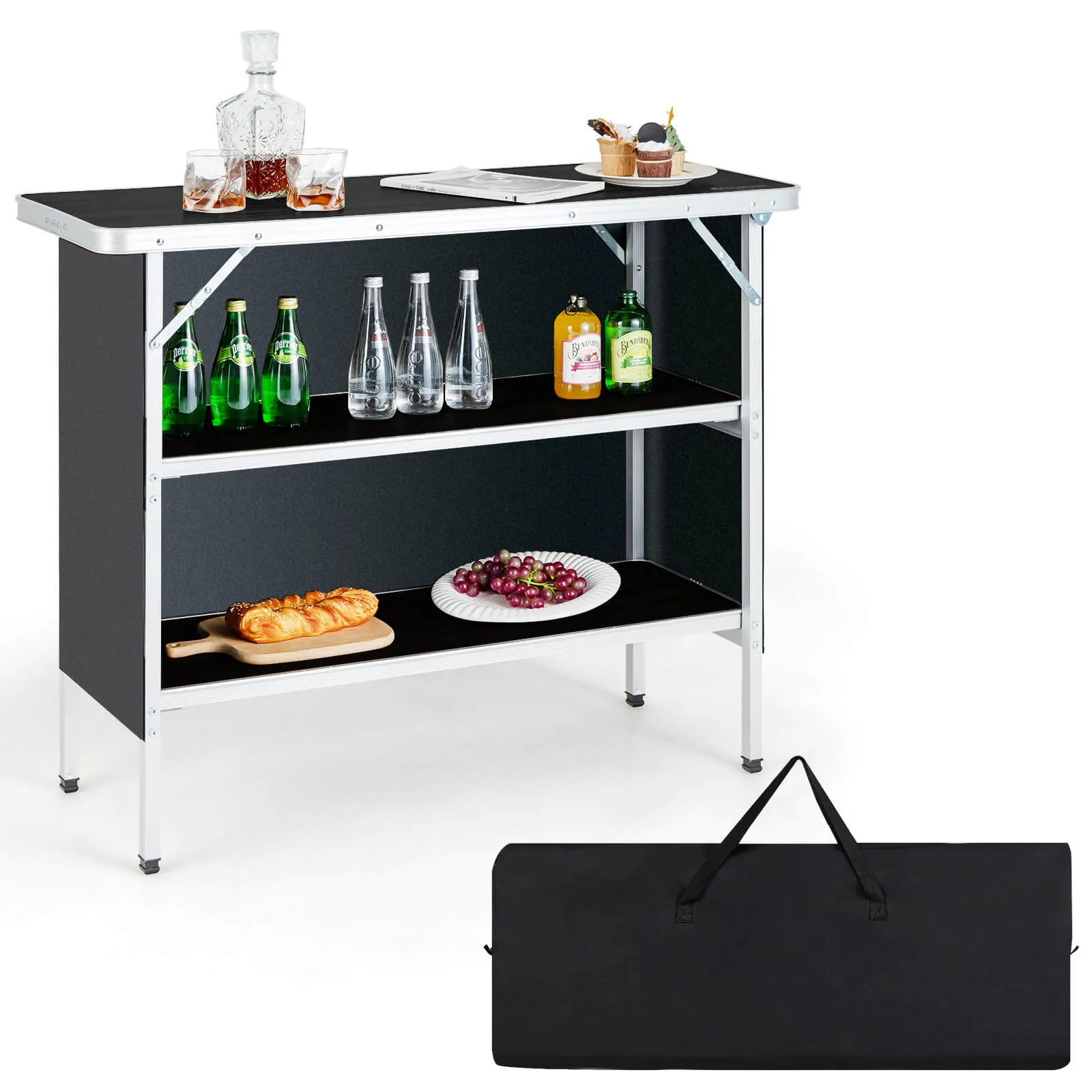 Aluminum Lightweight Folding Picnic Table with 2 Tier Shelves and Carrying Bag