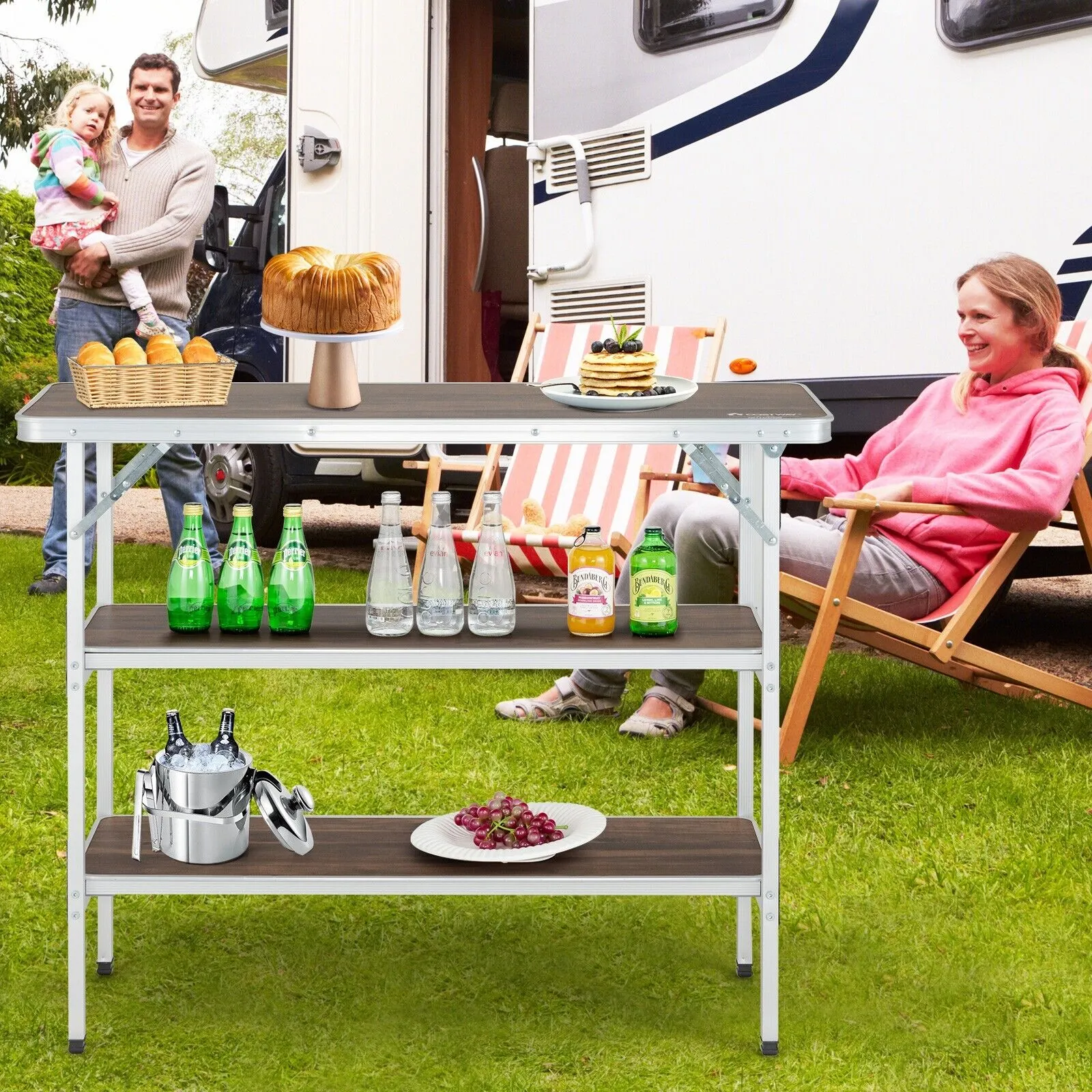 Aluminum Lightweight Folding Picnic Table with 2 Tier Shelves and Carrying Bag