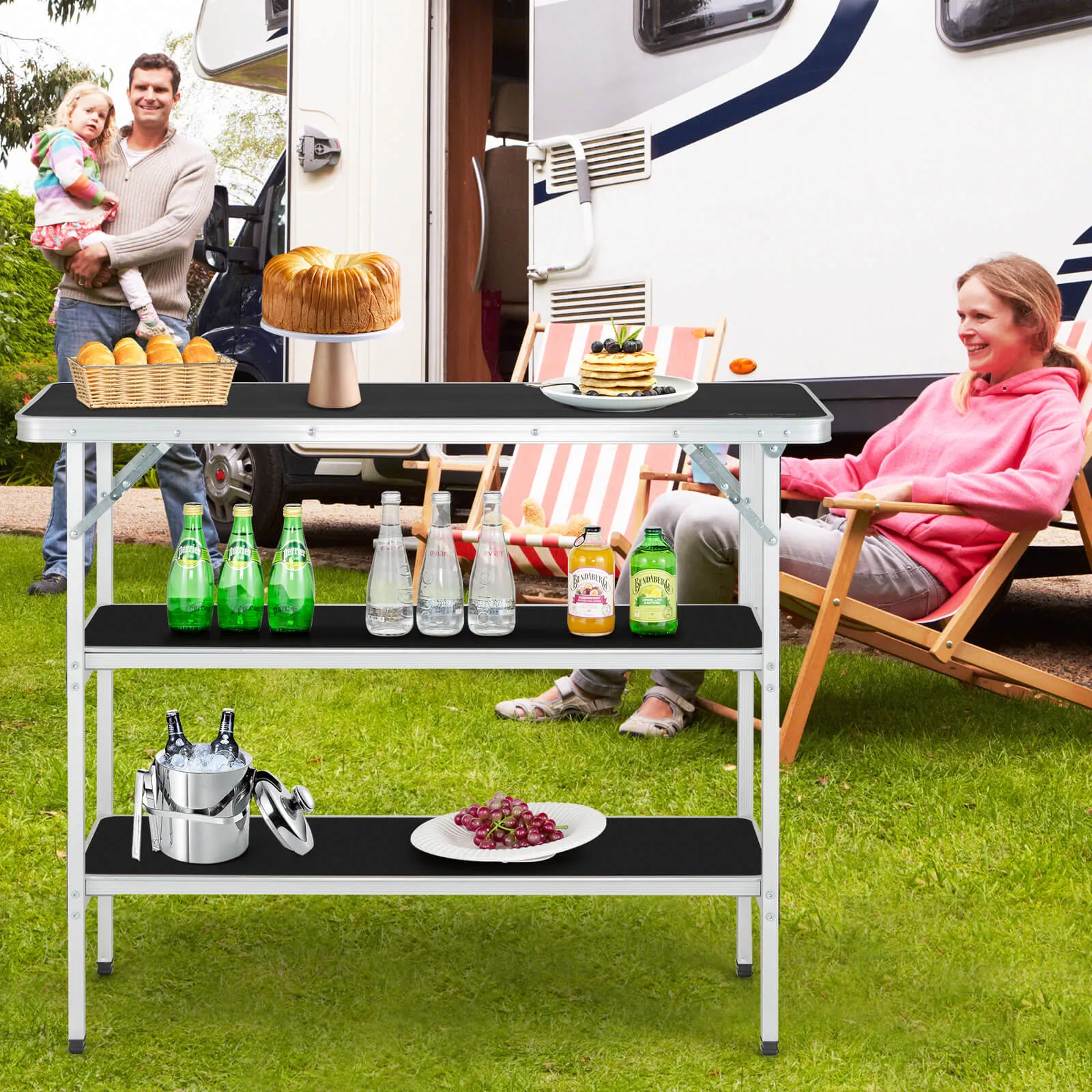 Aluminum Lightweight Folding Picnic Table with 2 Tier Shelves and Carrying Bag