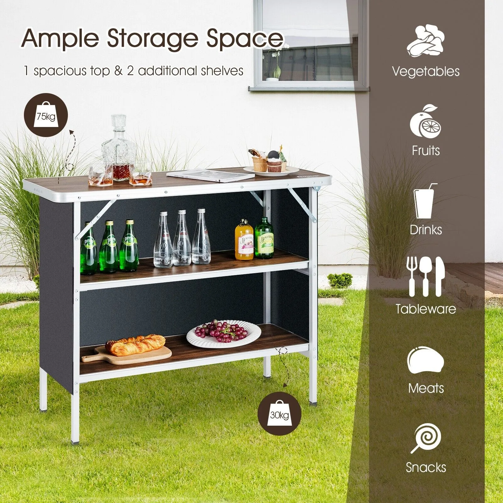 Aluminum Lightweight Folding Picnic Table with 2 Tier Shelves and Carrying Bag