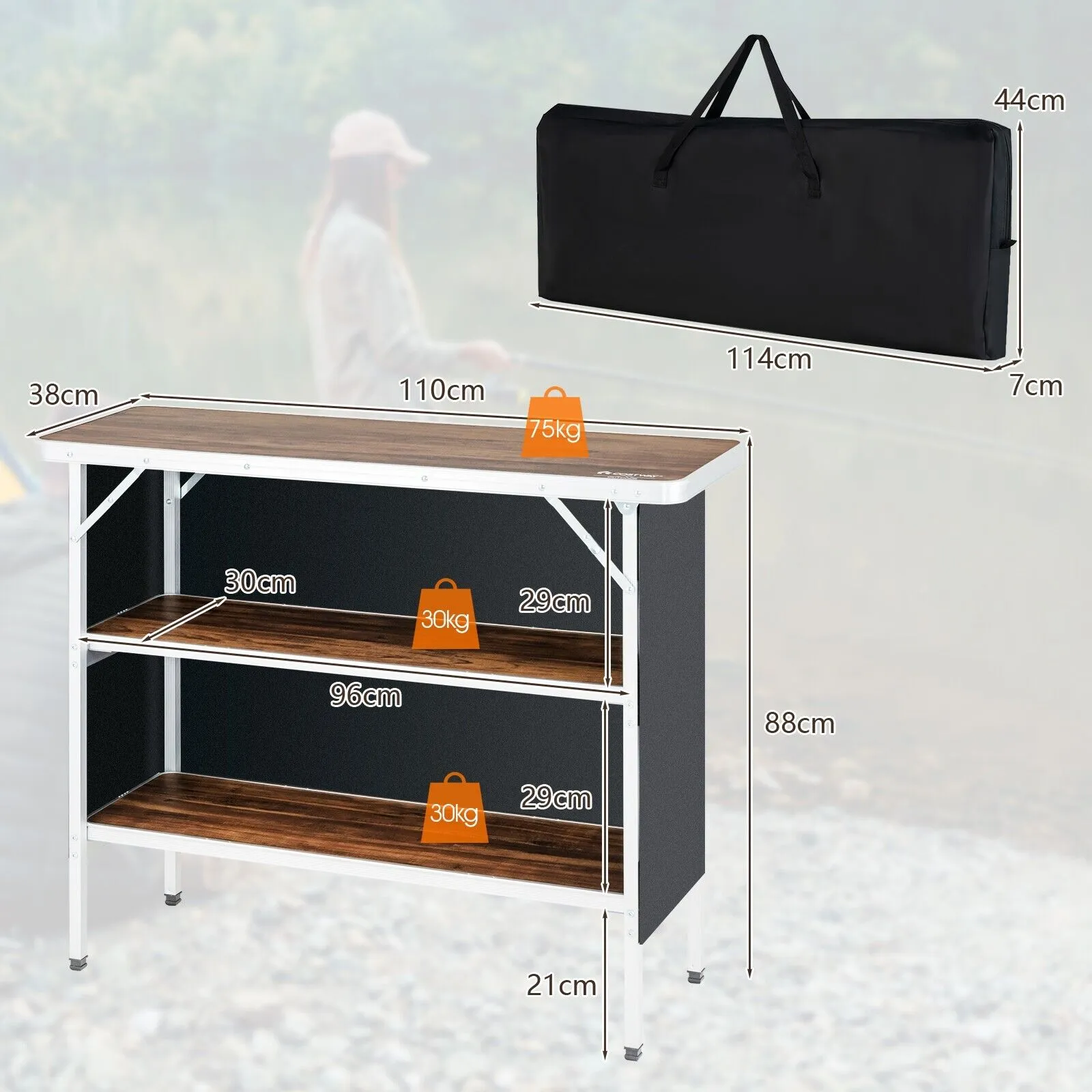 Aluminum Lightweight Folding Picnic Table with 2 Tier Shelves and Carrying Bag