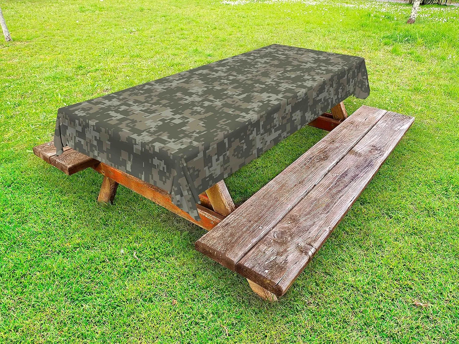 Ambesonne Camouflage Outdoor Tablecloth, Monochrome Attire Pattern Concealing Hiding in The Woods Themed Print, Decorative Washable Picnic Table Cloth, 58" X 104", Army Green