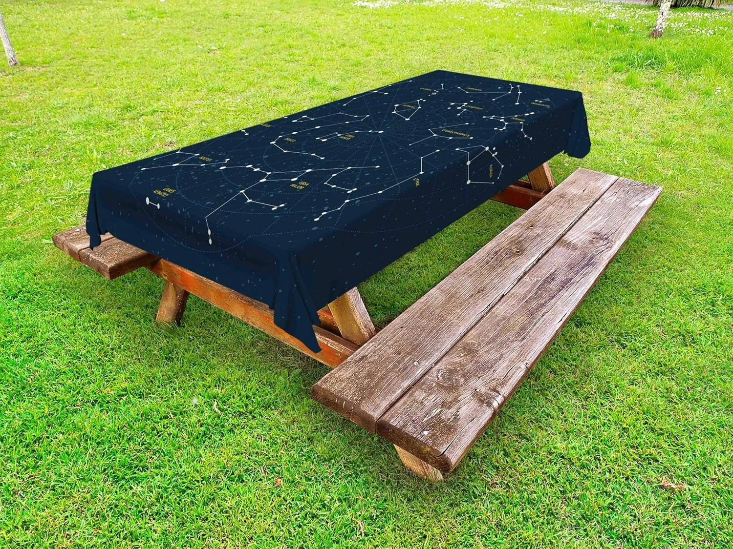 Ambesonne Constellation Outdoor Tablecloth, Sky Map Andromeda Lacerta Cygnus Lyra Hercules Draco Bootes Lynx, Decorative Washable Picnic Table Cloth, 58" X 84", Dark Blue Yellow White