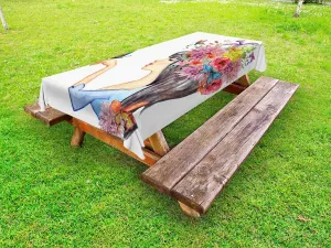 Ambesonne Floral Outdoor Tablecloth, Colorful Spring Flowers Leaves with a Long Haired Woman Butterfly Artwork Image, Decorative Washable Picnic Table Cloth, 58" X 120", Beige Blue
