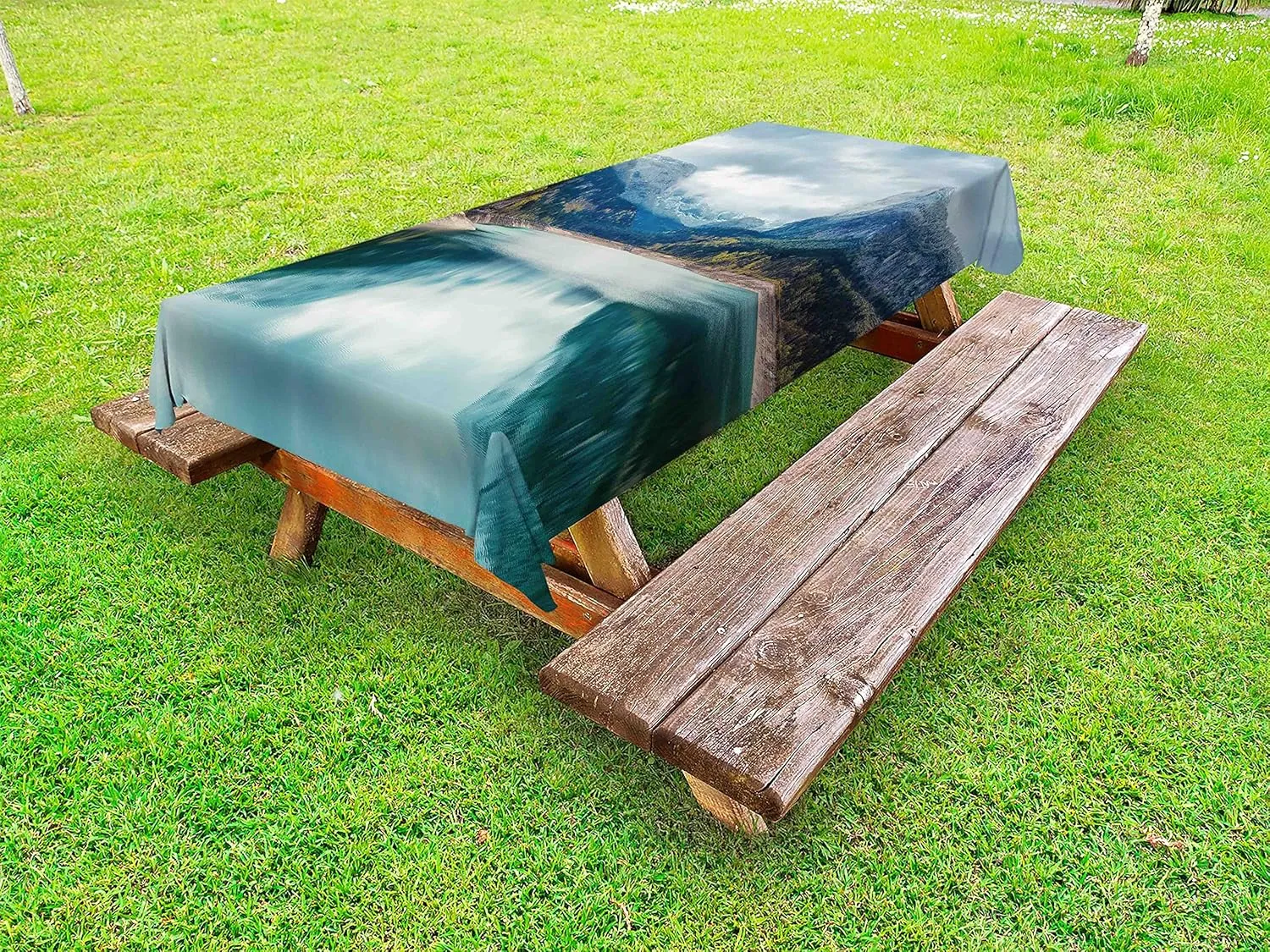 Ambesonne Landscape Outdoor Tablecloth, Alpine Lake with Dramatic Sky Forest and Mountains Journey Art, Decorative Washable Picnic Table Cloth, 58" X 84", Blue Green Grey