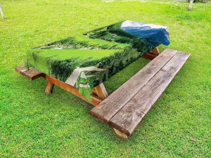 Ambesonne Mountain Outdoor Tablecloth, Alpine Landscape with Meadow Cottages and Pines Stream in Village View Print, Decorative Washable Picnic Table Cloth, 58" X 104", Green White