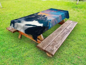 Ambesonne Mountain Outdoor Tablecloth, Alpine Scenery Foggy Italian Natural Park Vivid Sky Above Clouds Photography, Decorative Washable Picnic Table Cloth, 58" X 104", Black White Blue