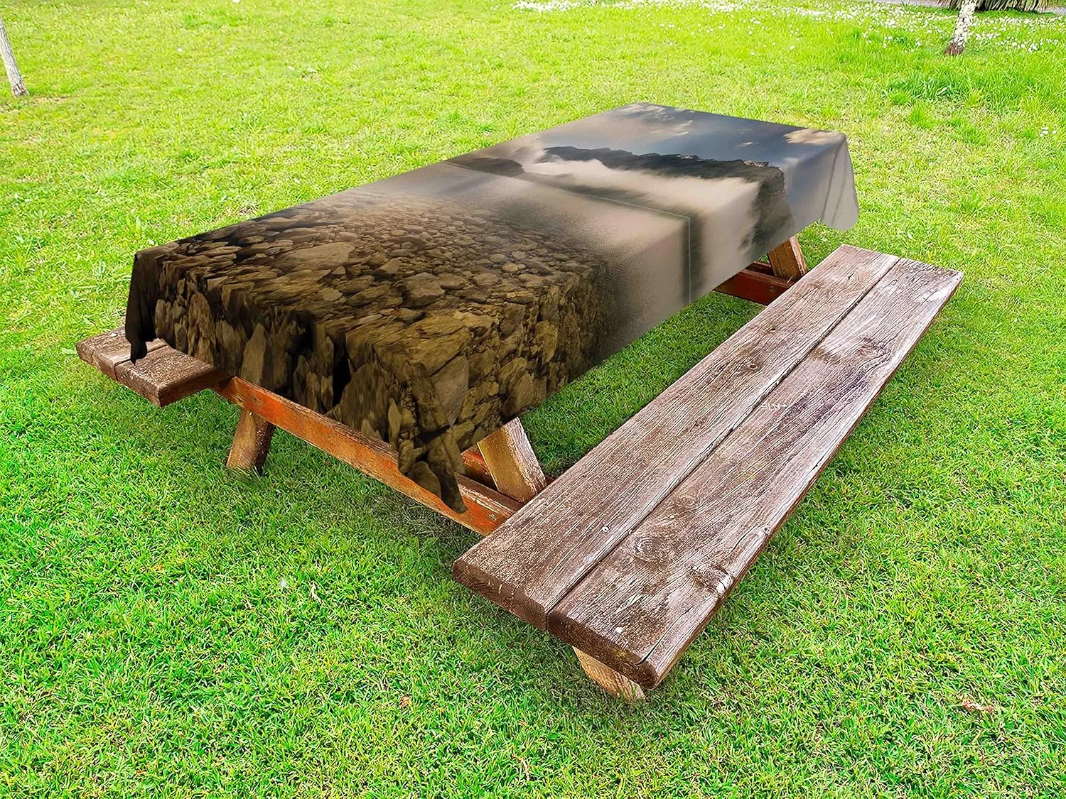 Ambesonne Nature Outdoor Tablecloth, Alpine Lake with Stones Rocks in Crystal Water with Misty Fogy Clouds Image, Decorative Washable Picnic Table Cloth, 58" X 120", Grey and White