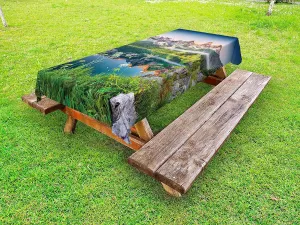 Ambesonne Nature Outdoor Tablecloth, Misty Summer Morning on Austrian Alps Mountain Range with Lake Landscape Print, Decorative Washable Picnic Table Cloth, 58" X 84", Green and Blue