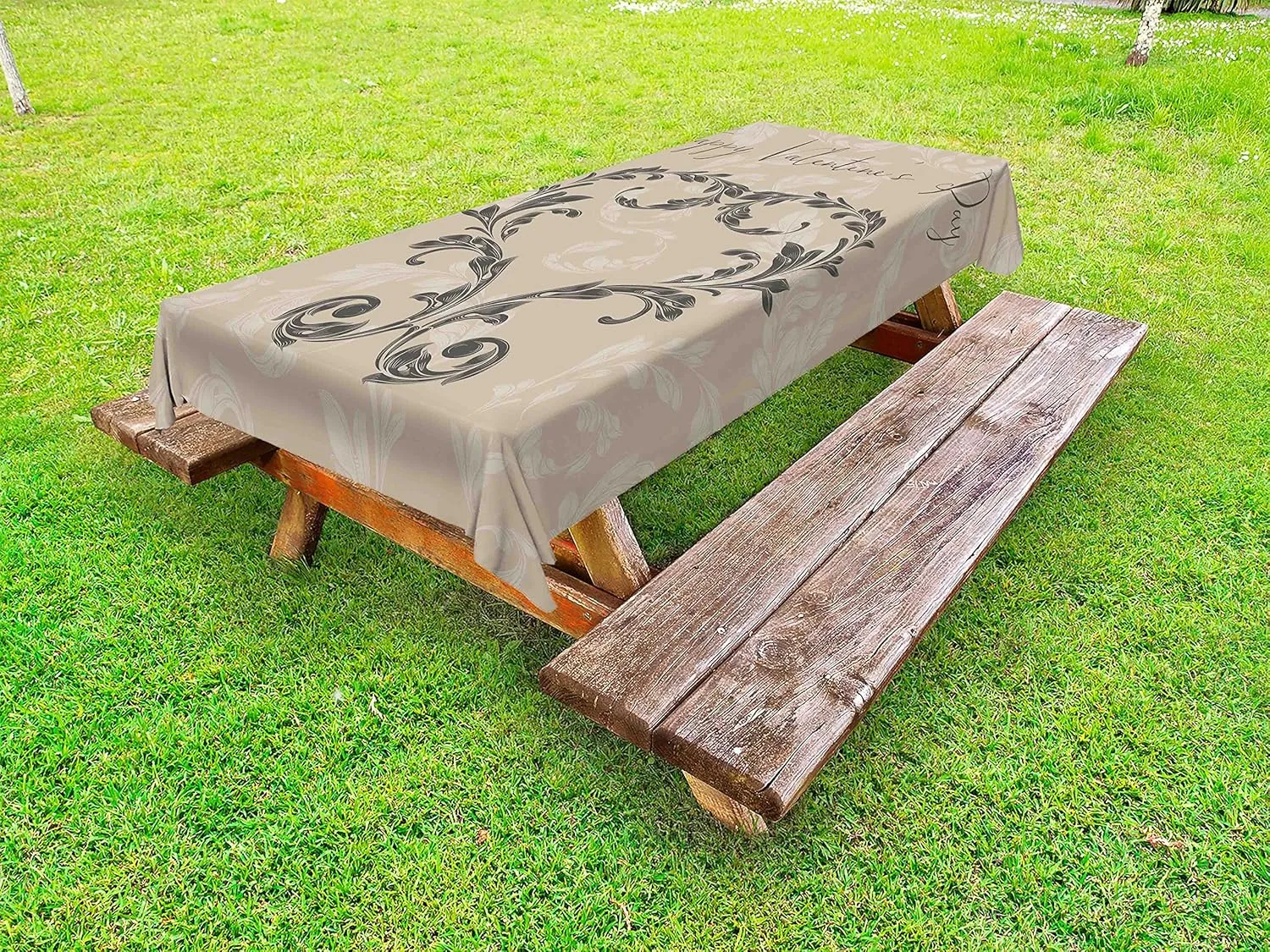 Ambesonne Taupe Outdoor Tablecloth, Happy Valentine's Day Hand Writing Laurel Leaves Forming a Heart Victorian, Decorative Washable Picnic Table Cloth, 58" X 84", Taupe Tan