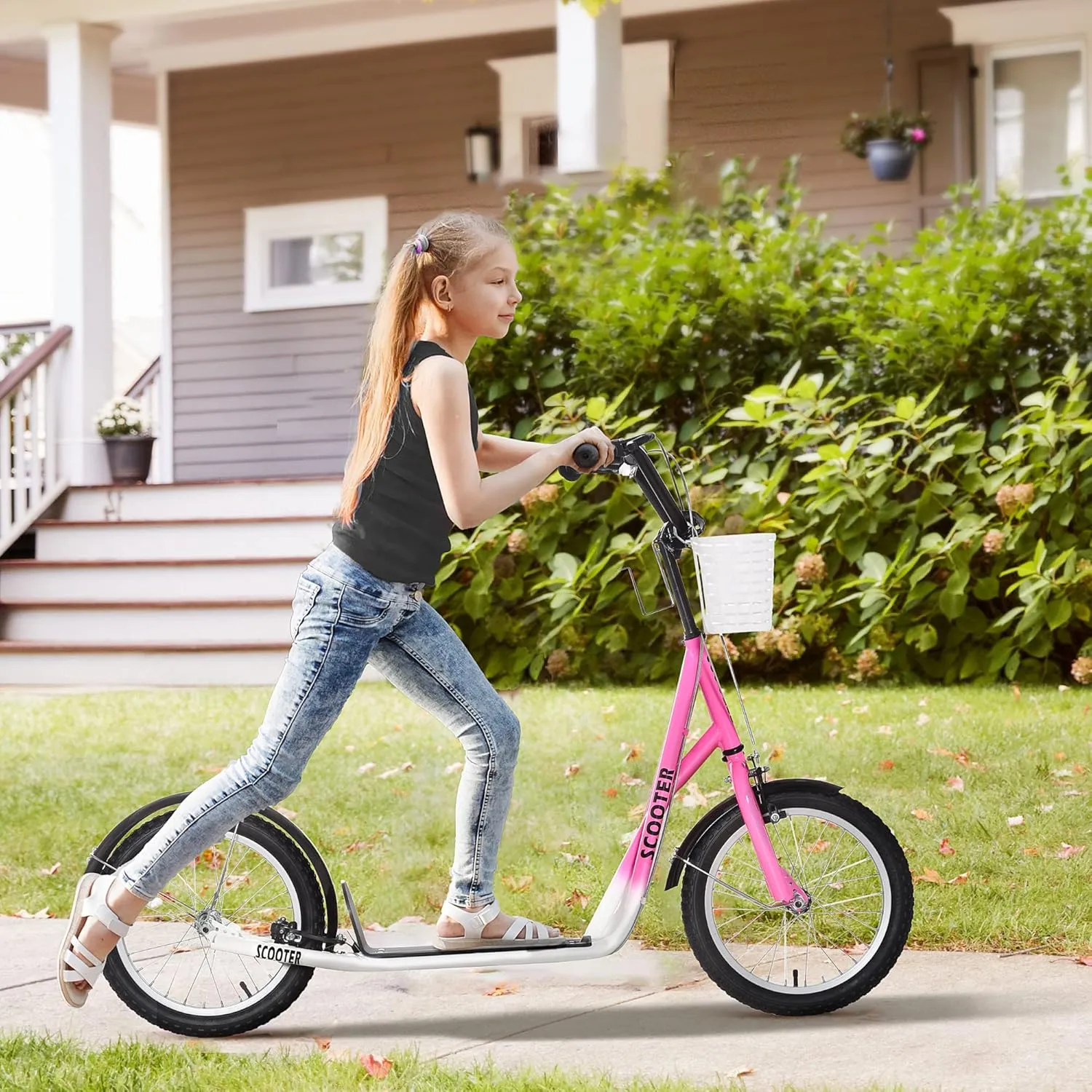 Aosom Youth Scooter, Kick Scooter with Adjustable Handlebars, Double Brakes, 16" Inflatable Rubber Tires, Basket, Cupholder