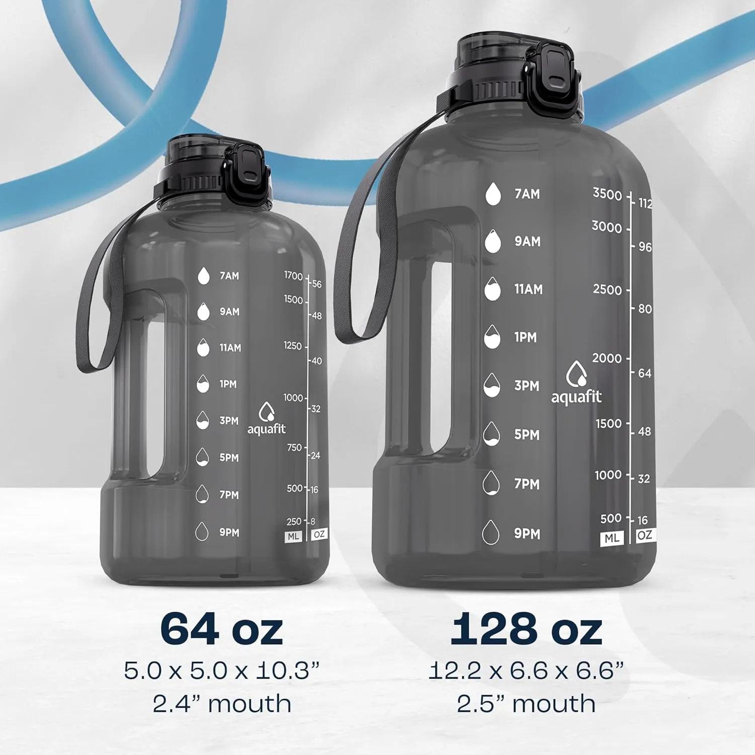 AQUAFIT 64 oz Water Bottle with Time Marker, BPA Free Half Gallon Water Bottle with Straw, Gym Water Bottle with Handle, Gallon Water Jug, Big Water Bottle, Large Water Bottle (Marine, 64oz 2in1 Lid)