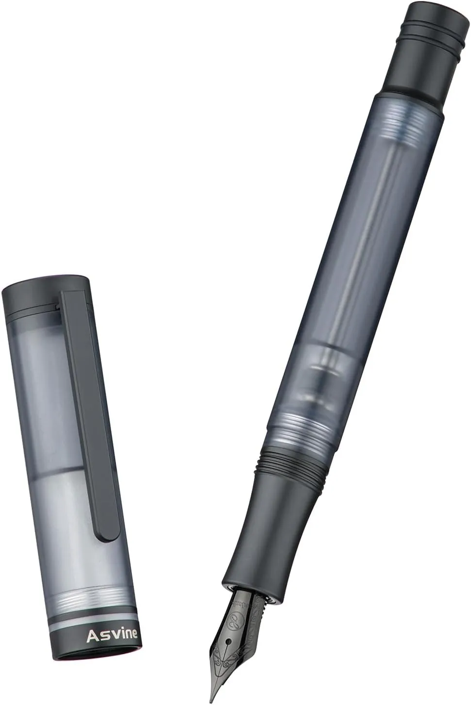 Asvine V200 Titanium Fountain Pen Vacuum Filling, Matte Black Medium Nib Clear Demonstrator Acrylic with Pen Case and Wrench