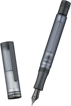 Asvine V200 Titanium Fountain Pen Vacuum Filling, Matte Black Medium Nib Clear Demonstrator Acrylic with Pen Case and Wrench