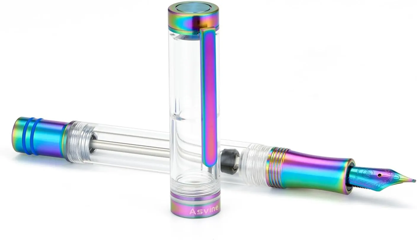 Asvine V200 Titanium Fountain Pen Vacuum Filling, Rainbow Medium Nib Clear Demonstrator Acrylic with Pen Case and Wrench