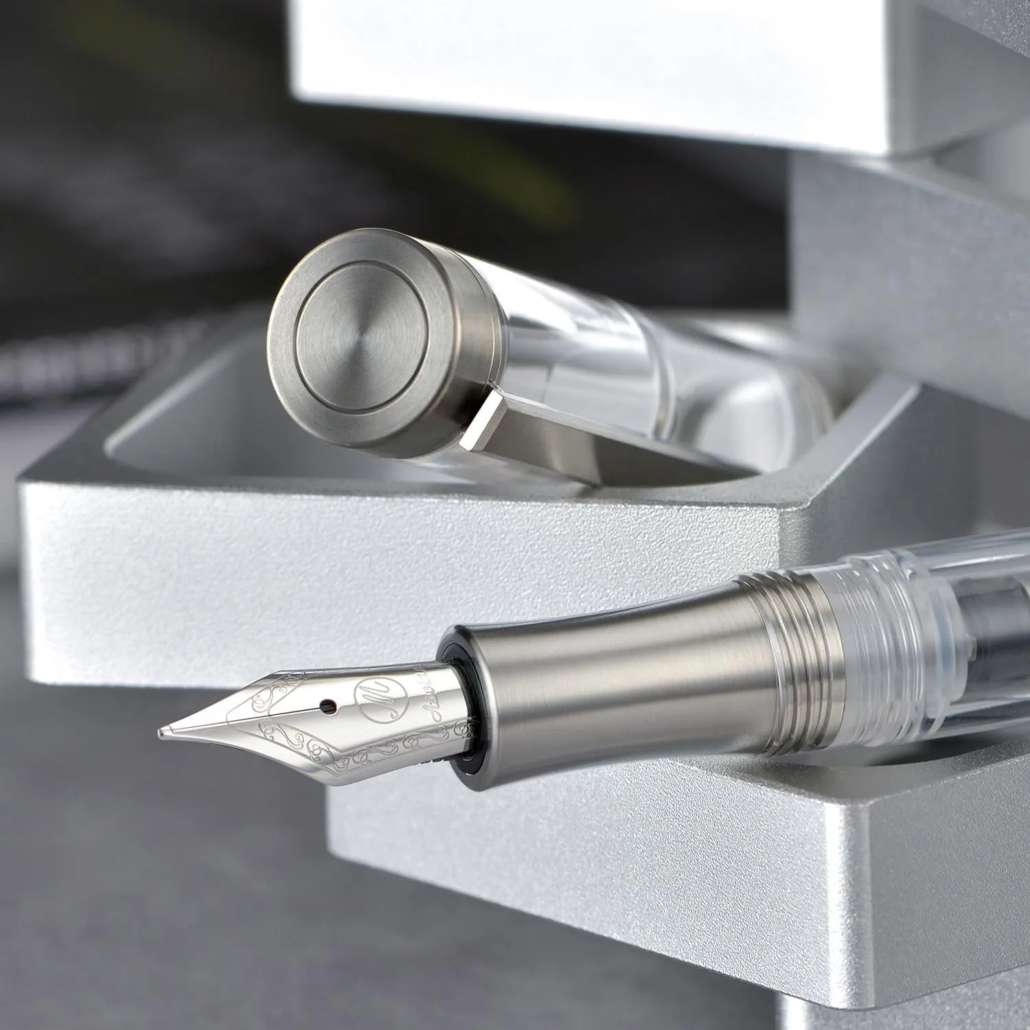 Asvine Vacuum Filling Fountain Pen Luxury Titanium Fine Point Pen V200 Series, Clear Demonstrator Smooth Writing Pen Gift Case