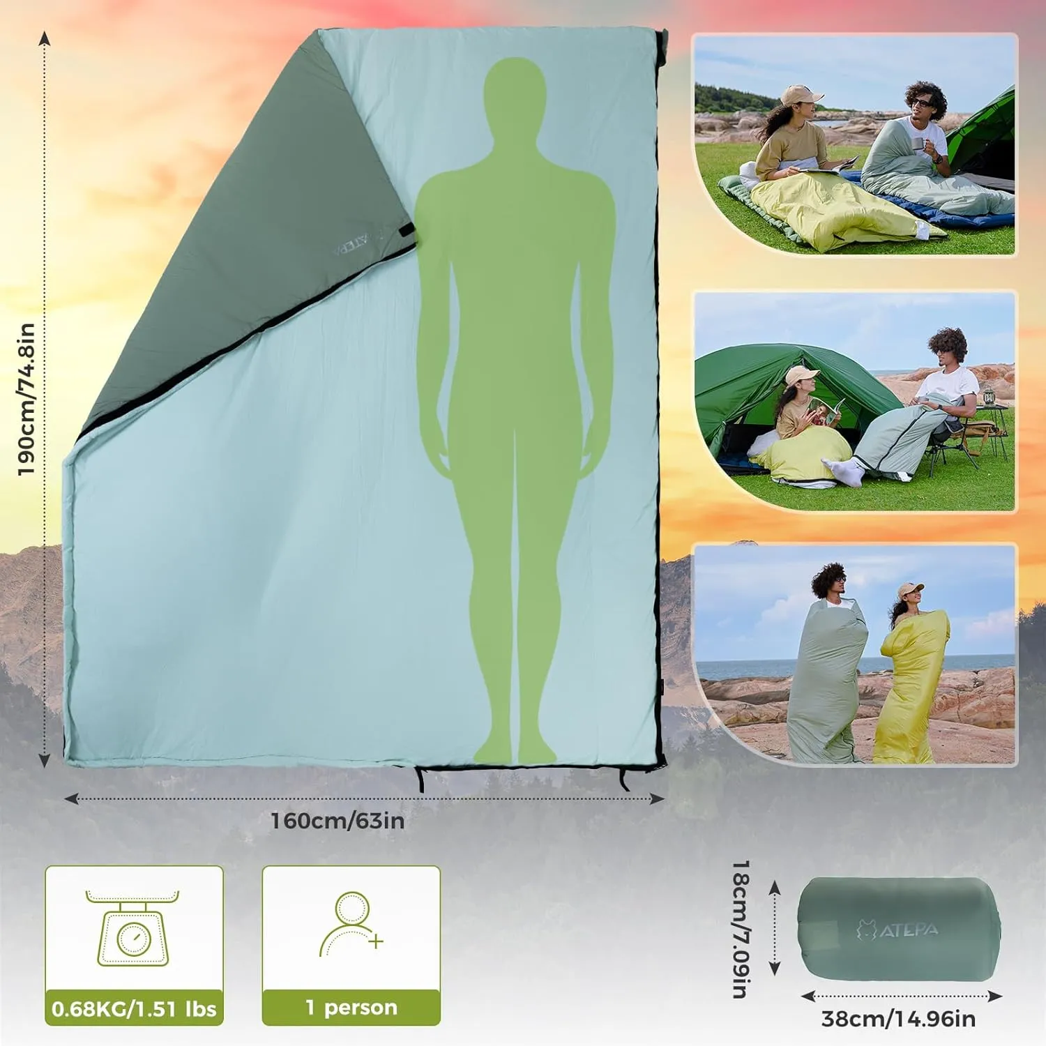 ATEPA Ultralight Sleeping Bag, Warm Weather Compact Packable Synthetic Waterproof Sleeping Bags for Adults with Stuff Sack for Backpacking, Hiking, Camping