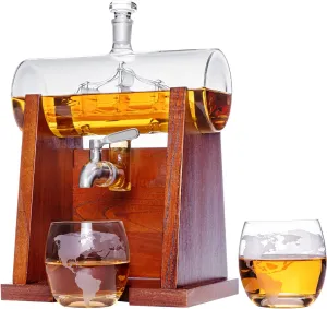 Baraiser Whiskey Decanter Set, 1.25L Globe Design with 2 Glasses, Blue, Vintage, Antique