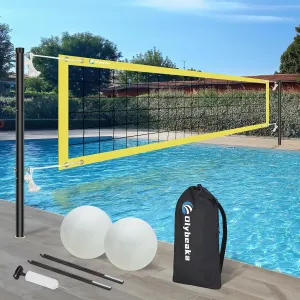 Base Free Pool Volleyball Net Set with 15-26 ft Length Adjustable, 3 Heights Adjustable Outdoor Volleyball Set for Pool with 2 Volleyballs and Carry Bag