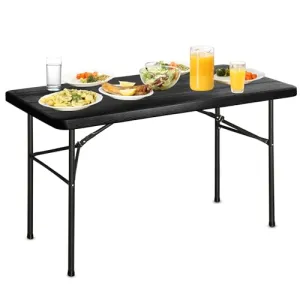 Bblife 4Ft Plastic Wooden Grain Folding Picnic Party Table, Indoor Outdoor Portable Heavy Duty Table of 74cm Fix Height, Kitchen or Camping Barbecues Picnic Party Table, Black Wooden