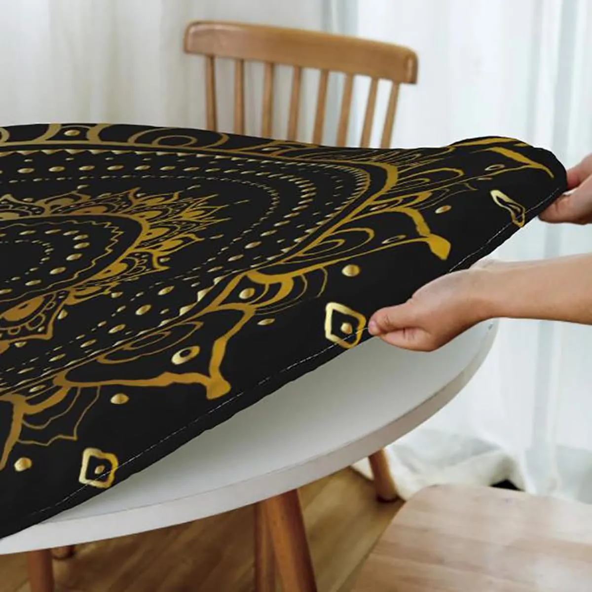 Beige Tan Waterproof Stain Resistant Stretch Tablecloth Wavy Curved Pattern in Stripes Image Elastic Edge Waterproof Table Cover Table Cloth for Round Table Fits up 40"-44" Diameter Tables