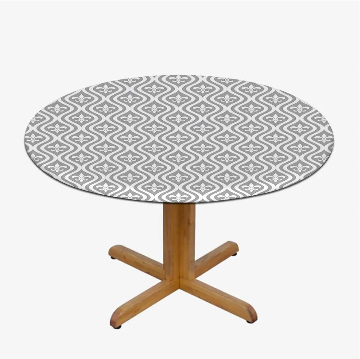 Beige Tan Waterproof Stain Resistant Stretch Tablecloth Wavy Curved Pattern in Stripes Image Elastic Edge Waterproof Table Cover Table Cloth for Round Table Fits up 40"-44" Diameter Tables