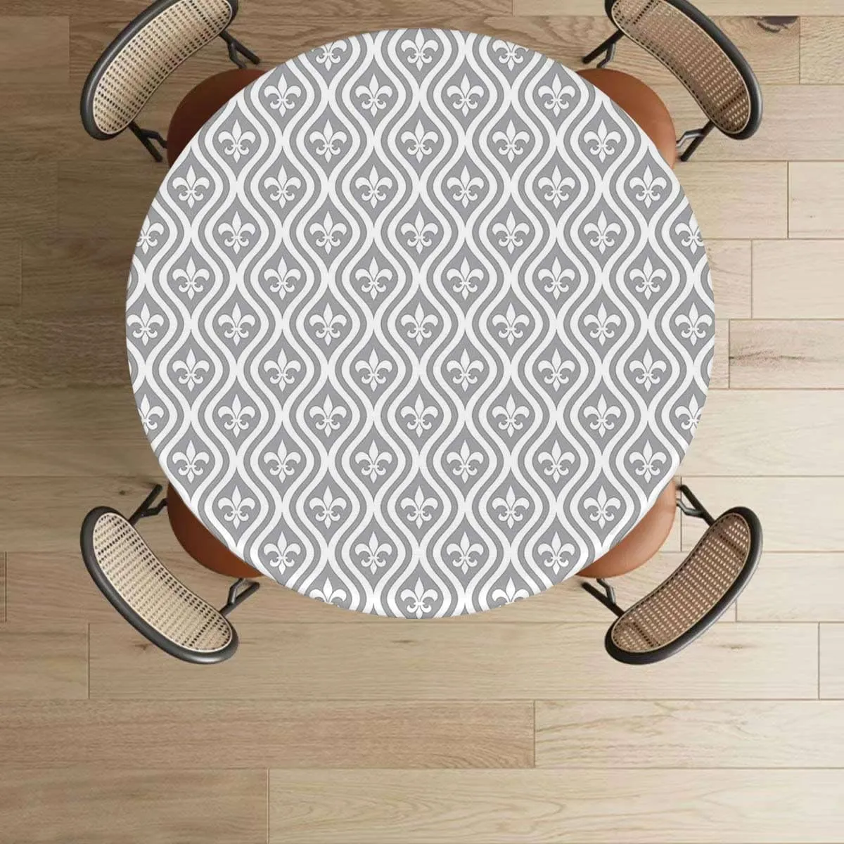 Beige Tan Waterproof Stain Resistant Stretch Tablecloth Wavy Curved Pattern in Stripes Image Elastic Edge Waterproof Table Cover Table Cloth for Round Table Fits up 40"-44" Diameter Tables