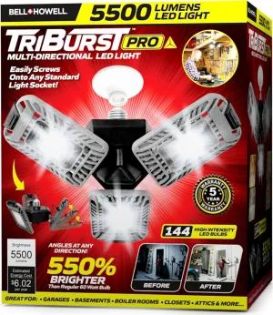 Bell Howell Triburst Deluxe, ASON TV 5500 Lumens/6500 Kelvin Indoor Lights, Ultra Bright Lighting with 144 LED Bulb, Multi-Directional Triple Panel Bedroom, Garage, Ceiling Light
