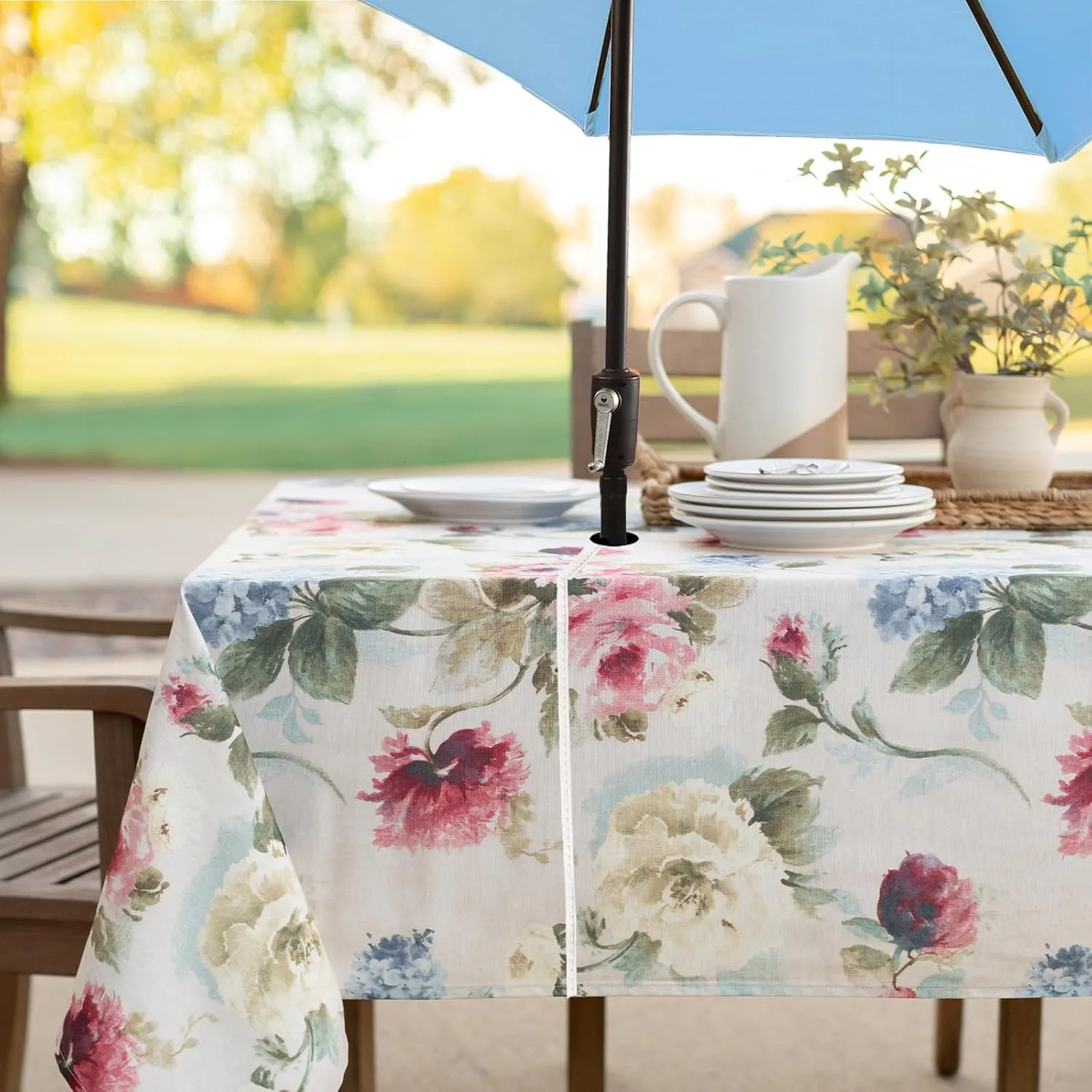 Benson Mills Spillproof Spring/Summer Fabric Outdoor Tablecloth with Umbrella Hole, Zippered Table Cloth for Rectangle Tables, Picnic/Patio Table (60" x 84" Rectangular with Umbrella Hole, Pamona)