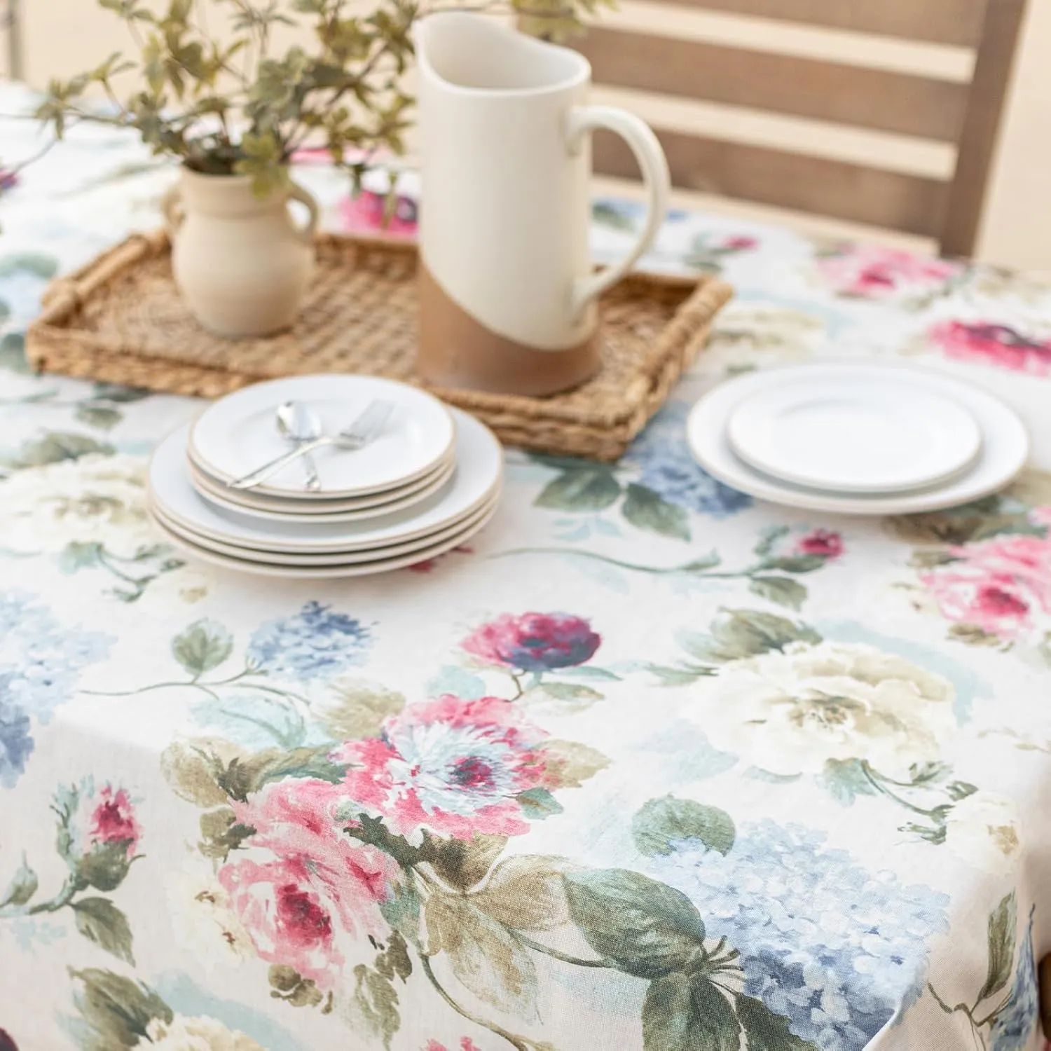 Benson Mills Spillproof Spring/Summer Fabric Outdoor Tablecloth with Umbrella Hole, Zippered Table Cloth for Rectangle Tables, Picnic/Patio Table (60" x 84" Rectangular with Umbrella Hole, Pamona)