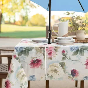 Benson Mills Spillproof Spring/Summer Fabric Outdoor Tablecloth with Umbrella Hole, Zippered Table Cloth for Rectangle Tables, Picnic/Patio Table (60" x 84" Rectangular with Umbrella Hole, Pamona)
