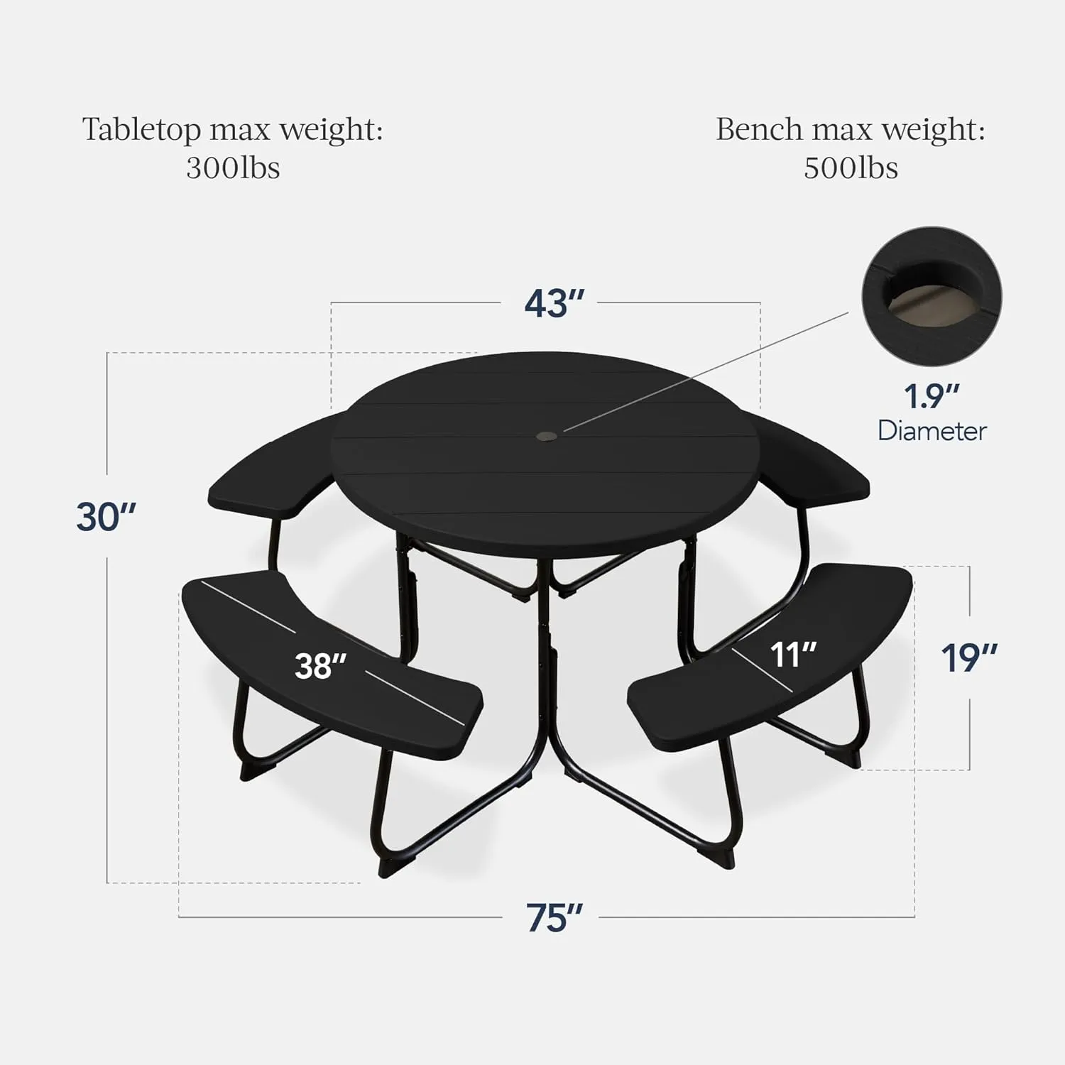 Best Choice Products 8-Person Outdoor Bench Patio Picnic Table, Circular w/ 4 Built-in Benches and Umbrella Hole, 2000lb Capacity - Black